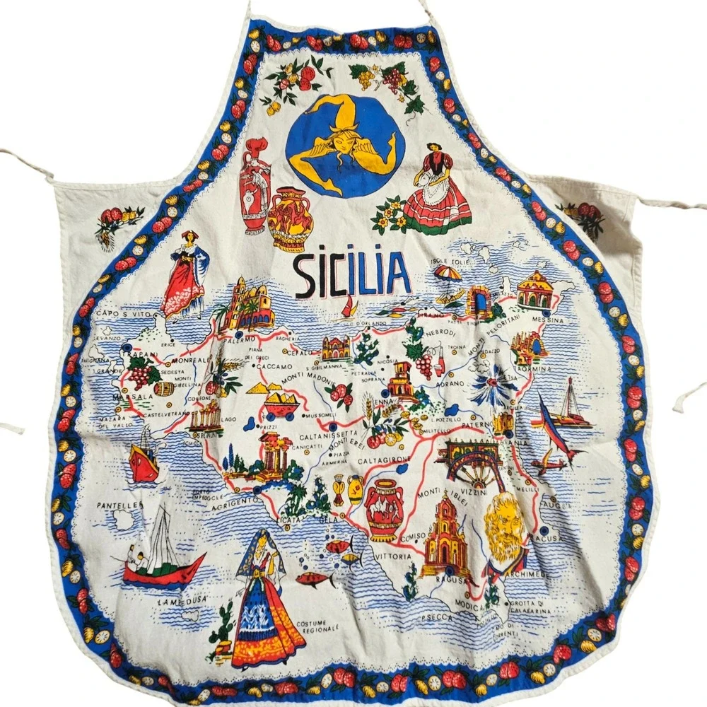 Vintage Sicilia Sicily‎ Map Art Cooking Apron People Town Cities Italy Cotton